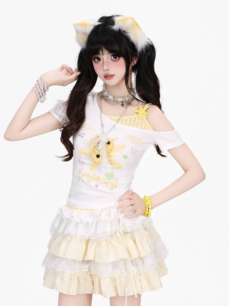 Yellow Starfish Print Off-Shoulder Tee with Lace Hem - CRAZY GIRL