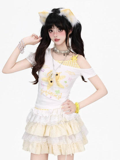 Yellow Starfish Print Off-Shoulder Tee with Lace Hem - CRAZY GIRL