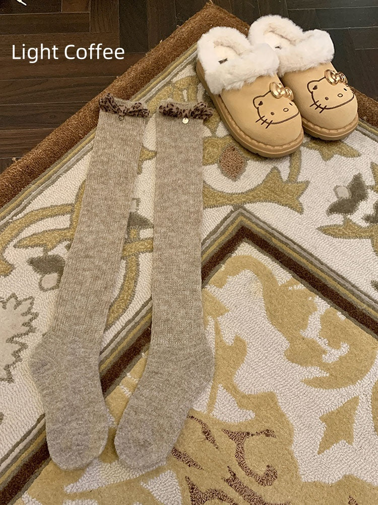 White/Light Coffee/Dark Coffee/Black/Dark Grey Sweet Calf Socks With Leopard Bowknot