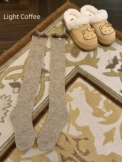 White/Light Coffee/Dark Coffee/Black/Dark Grey Sweet Calf Socks With Leopard Bowknot