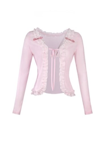 Bow Knit Pink Straps  Lace Trim Cardigan With Self-tie