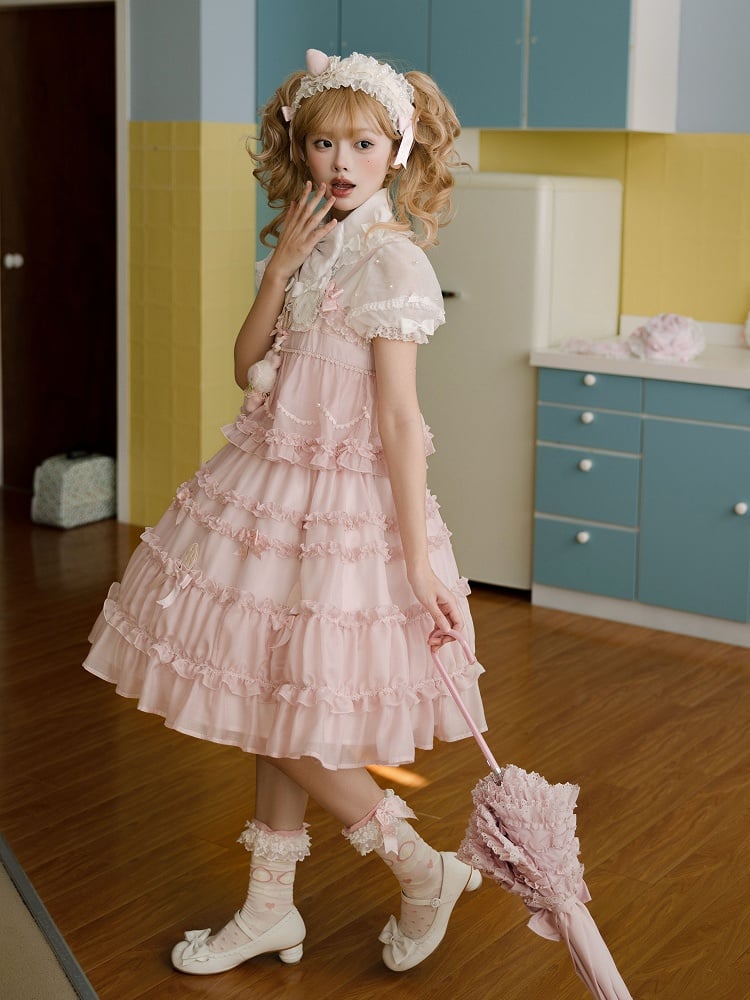 Süßes Lolita-Kleid mit rosa Schleifenakzenten und Rüschenbesatz