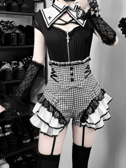 Black Hollow Blouse with Plaid High Waist Skort - Shi Zhai Xin