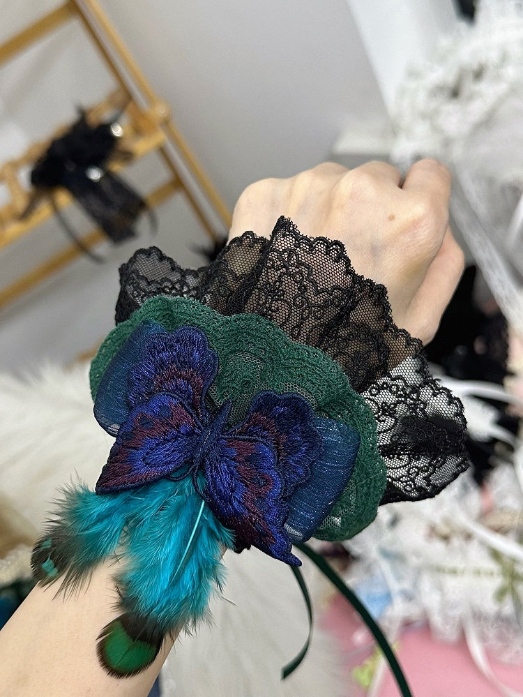 Feather Cuffs Wrist Butterfly Peacock Lace Green