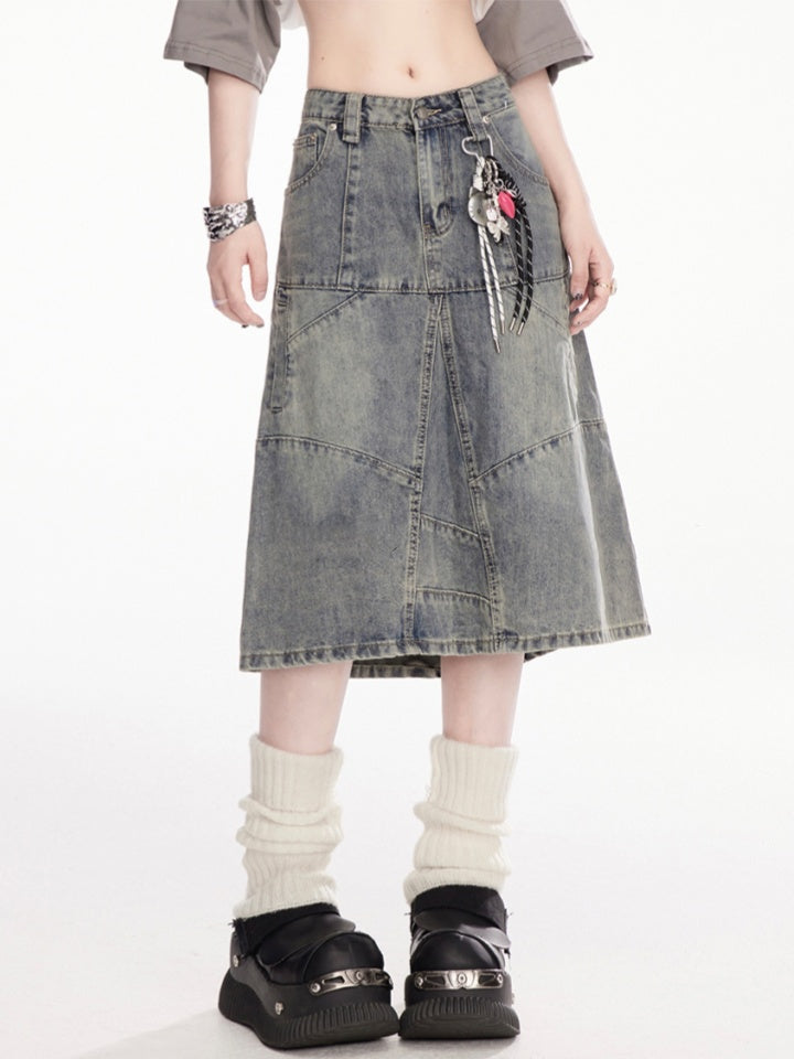 チャームフリーブルーローライズフェードウォッシュダメージデニムスカート