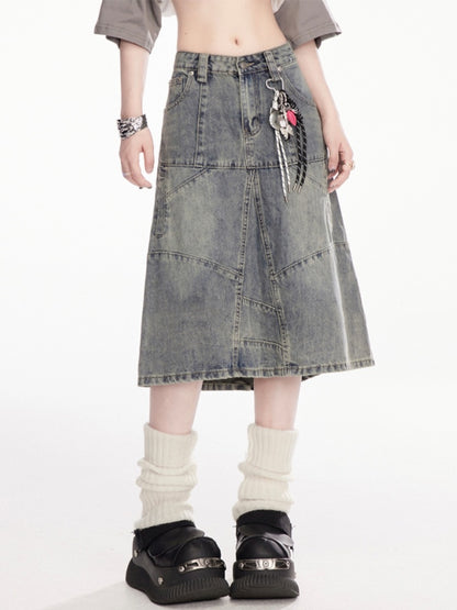 チャームフリーブルーローライズフェードウォッシュダメージデニムスカート