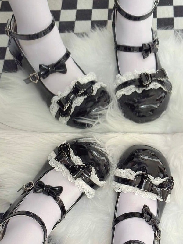 Black Butterfly Bow Round Toe Lolita Mary Jane Strap Heels - MUMA Lolita