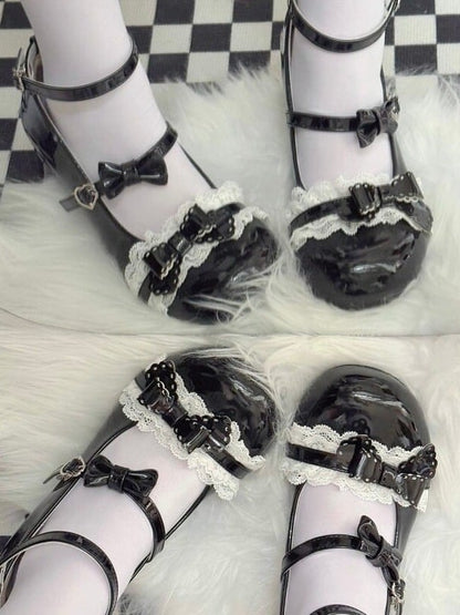 Black Butterfly Bow Round Toe Lolita Mary Jane Strap Heels - MUMA Lolita