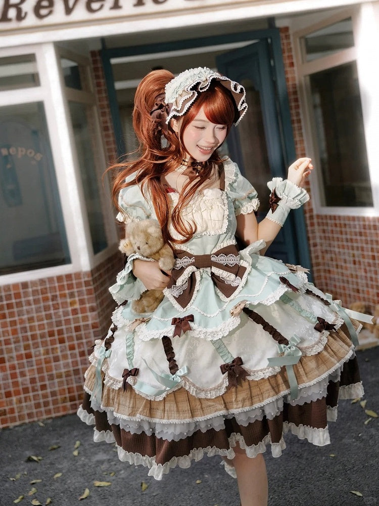 Neckline Bowknot Puff Dress Chocolate Sleeves Details Green Lolita Mint and Square Sweet