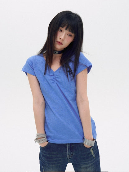 Sky Blue Cotton V-Neck Tee with Key Embroidery - innomoood