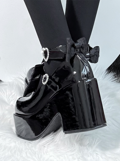 Jirai Kei Polished Black PU Platforms - Mary Janes with Opulent Jacquard Lace Bows & Rhinestones