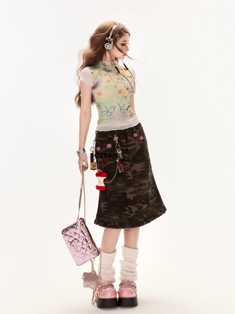 ウエストヴィンテージフリルヘムデニムマーメイドスカートカモロー