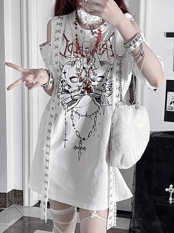 T-Shirt Weiß Cutout Schulter Design Punk Emo