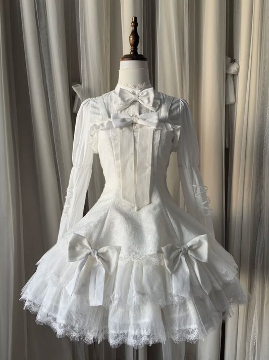 White Double-Layered Hem Jumper Skirt with Bow Decor