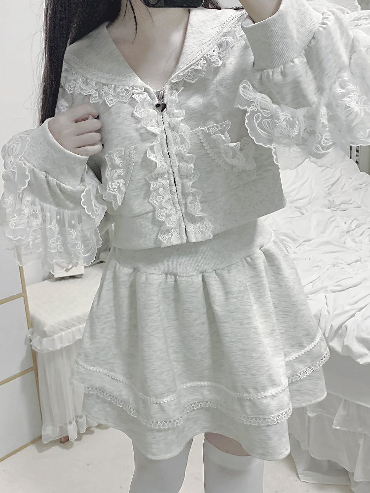 Collar Skirt Closure Sports Set- Sailor Trim Zip Hoodie+Lined Lace Ruffled Gray Jirai Kei