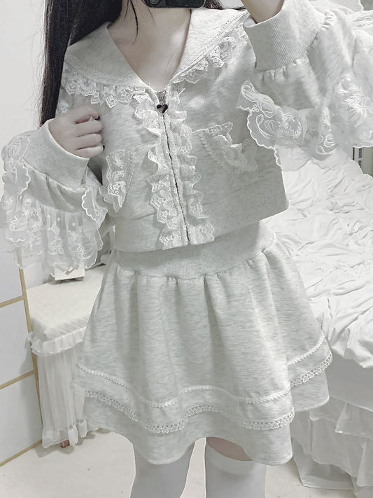 Collar Skirt Closure Sports Set- Sailor Trim Zip Hoodie+Lined Lace Ruffled Gray Jirai Kei