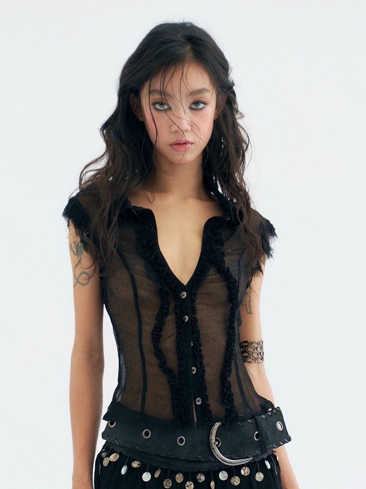 Sheer Black Fashion Irregular Punk Backless Trim With Top Sleeveless Mesh Ruffled