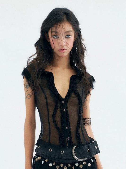 Sheer Black Fashion Irregular Punk Backless Trim With Top Sleeveless Mesh Ruffled