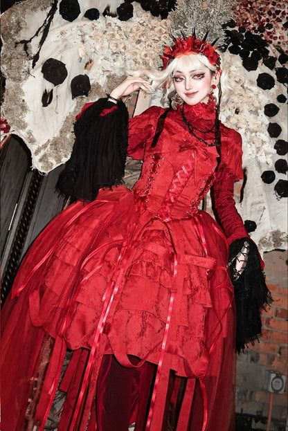 Design Schnürschuhe mit Taillen-Vogelkäfig-Ovarlay-Rot-Lolita-Kleid-Rock groß und Gothic-Schleife-Korsett abnehmbar