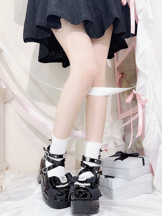 装飾されたプラットフォームハイブロックブラックヒールボウトップポリッシュラインストーンケイビーズジライと