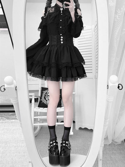 Open Jirai Kei Bell Shoulders Black Set: with Top Three-Piece Sleeves All