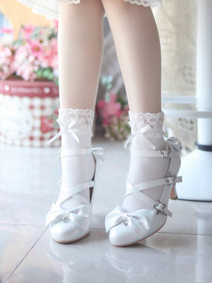 Star High White Sweet Lolita Schnallen Crisscross Straps mit - Akzente Heels Schleife