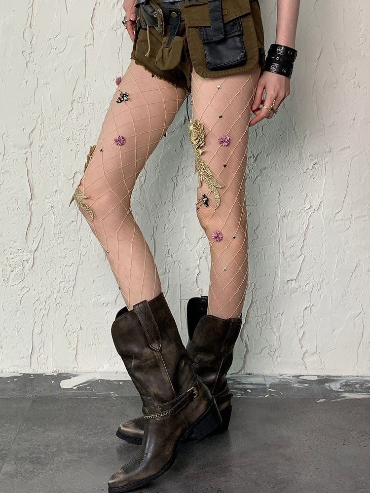 Strumpfhose Fischnetz Wasteland Floral und Details Star Punk Nude/Schwarz