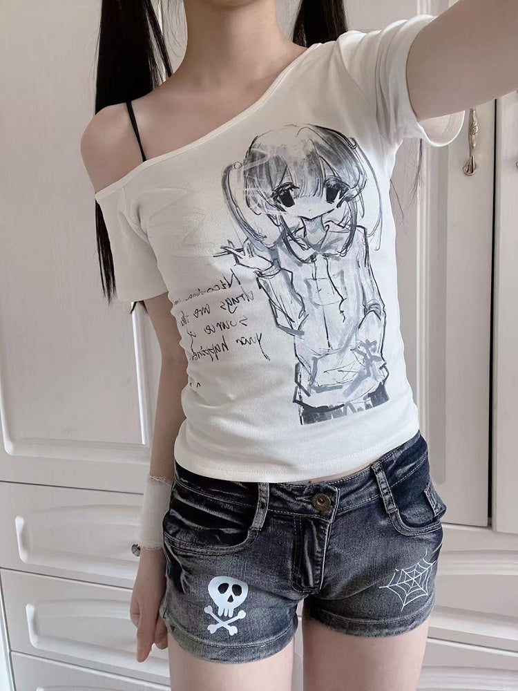 Anime Printed Off-Shoulder Short Sleeve Top - Corner cat