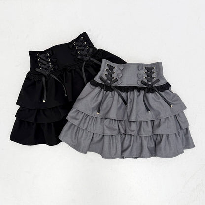 Jirai Kei Black Three-Tiered Elevated Waist Skirt - nekura