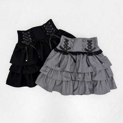 Black Three-Tier High-Waist Skirt - nekura