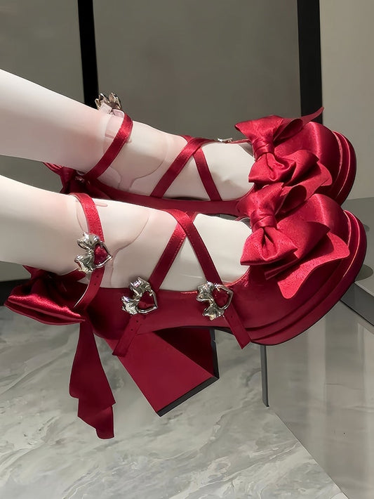 Classic Block with in Satin Bowknot Details Lolita Red Shoes Heel Heart High Detachable