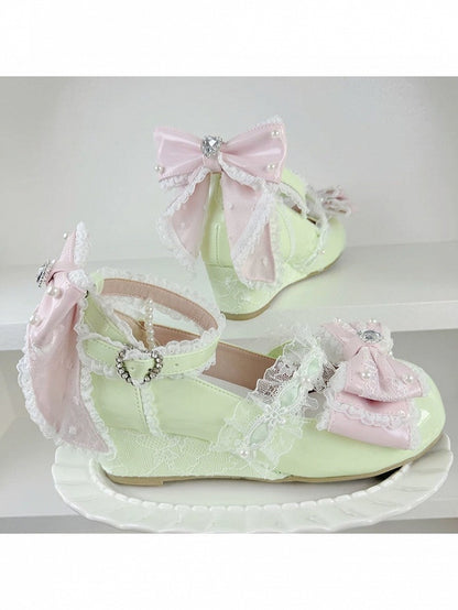 Green Kawaii Crystal Bow Round Toe Slope Heel Shoes - Meng Ka Jiang