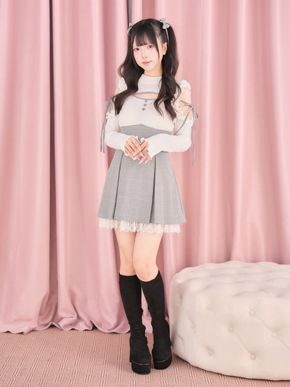 White Cut-Out Shoulder Knit Plaid Dress with Lace Trim - No Genki