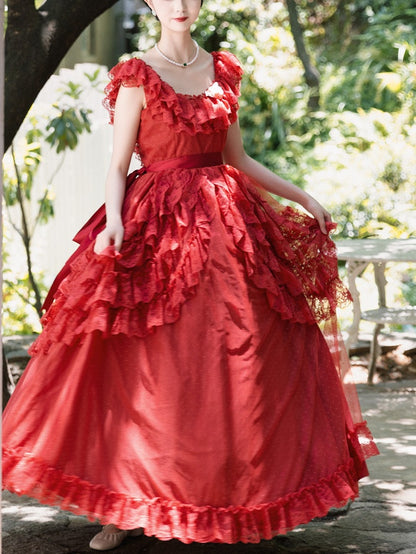 Wine Red/Pink Vintage Lace Ruffle Trim Off-the-shoulder Neckline  Dress