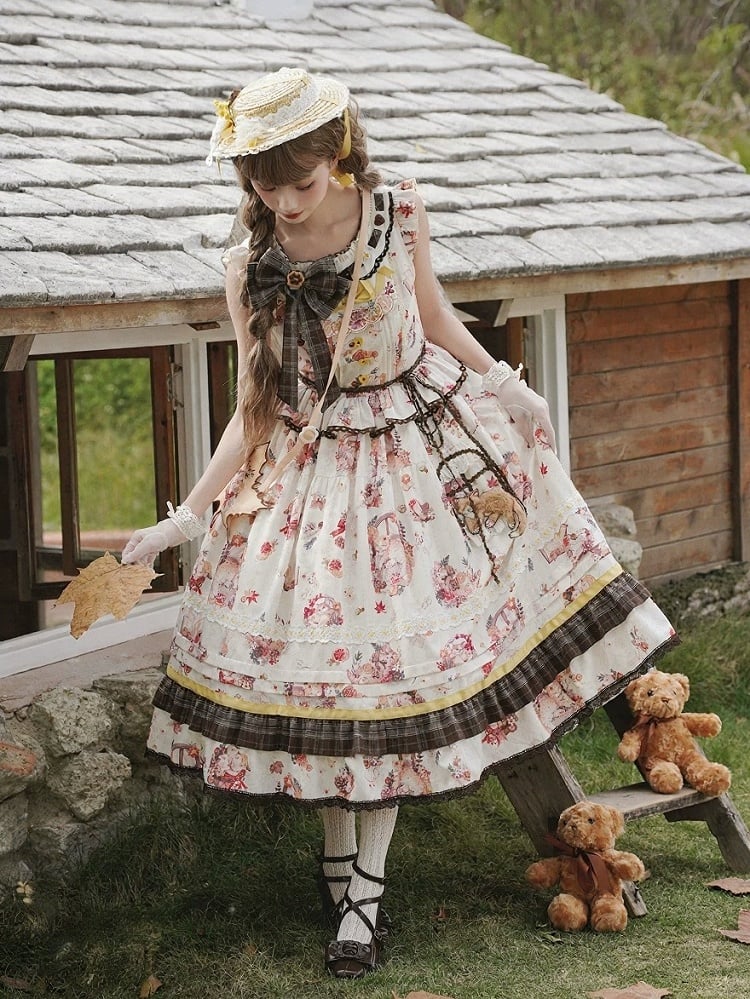 Cat and Maple Floral Print Jumper Skirt with Ruffle Trim - Lineall Cat
