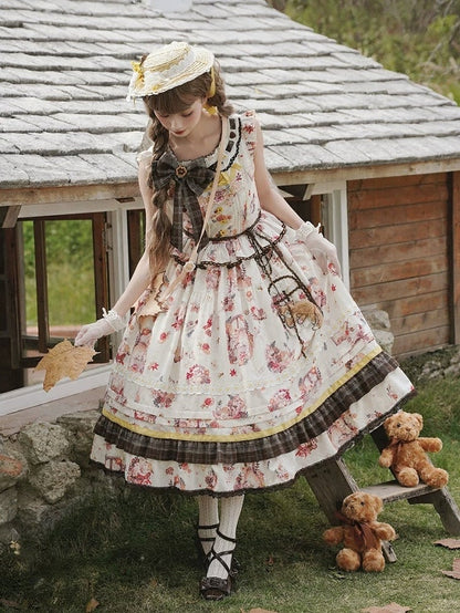 Cat and Maple Floral Print Jumper Skirt with Ruffle Trim - Lineall Cat