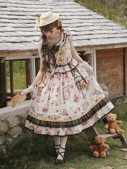 Cat & Maple Floral Print Sweet Lolita Jumper Dress with Ruffles - Lineall Cat
