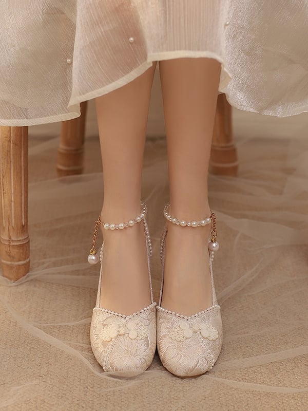 Frog Shoes Accent Beaded Qi Ankle Lolita Beige Strap Button Mid-heel