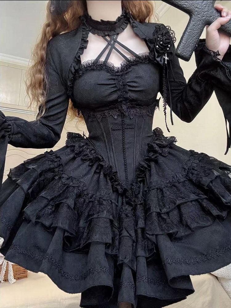+ Black Gothic Boning Set Lace Waist Top Bolero Neck Lolita Skirt Full Halter Corset All Sleeves - Cropped