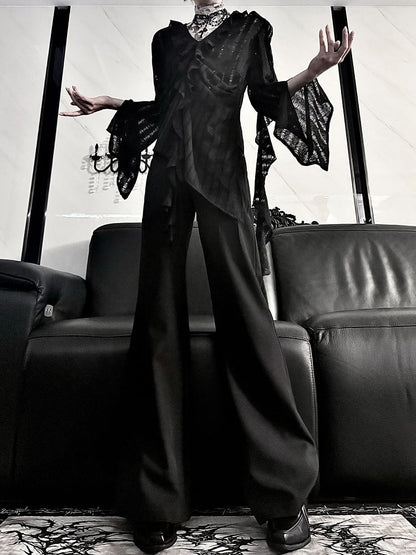 Gothic Noir V-Neck Blouse with Sheer Cutouts & Frilled Cuffs - Aont