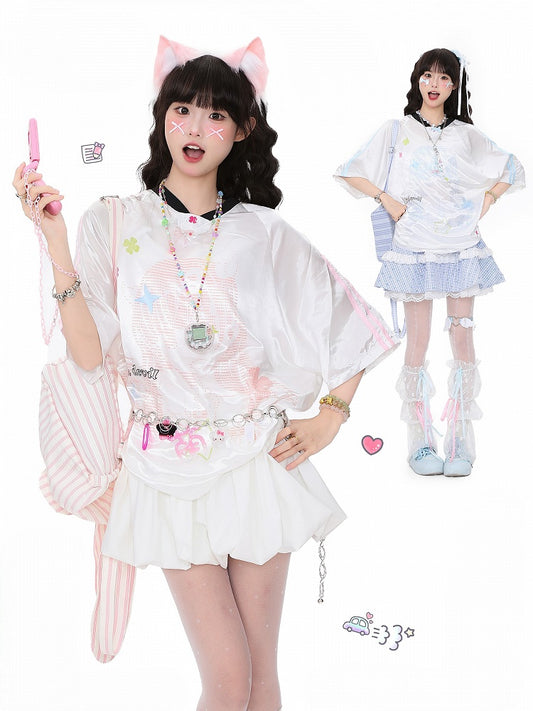 Blue/Pink Oversized Satin Short Sleeve T-Shirt with Clover