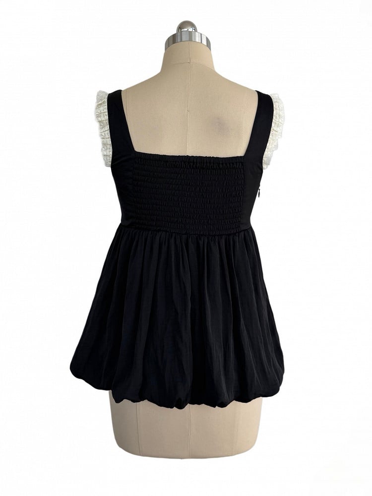 Gothic Black Square-Neck Bubble Hem Cami Top with Lace Accents - Damn Girl