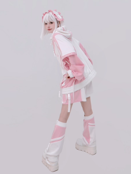 und mit übergroßem weißen Verschluss Techwear Details Colorblock Pink Fit Jacke Snap
