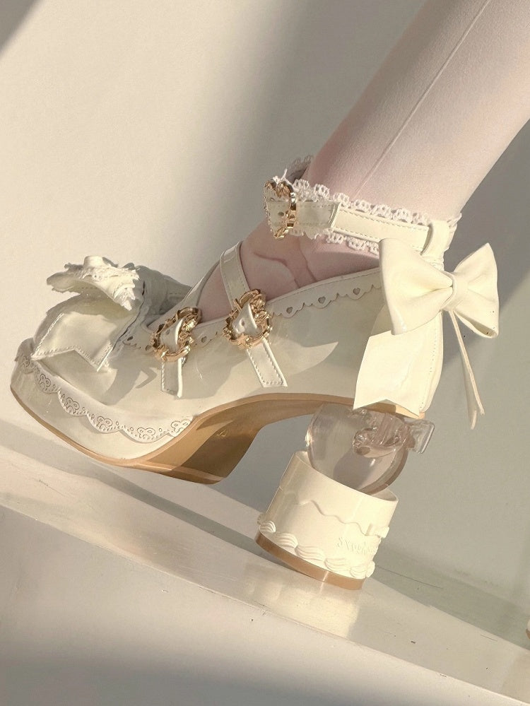 White Sweet Lolita Platform High-heel Mary Janes Cake Heel Bow Heart Buckle - Vintage Sweetheart