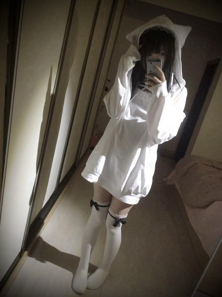 Cat-Ear Shoulder Halter with White Black Cutouts and Tie / Hoodie Jirai Kei