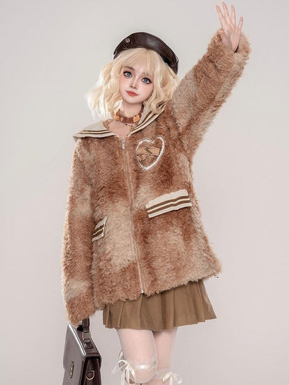 ブラック/ブラウンのセーラーカラーの蝶結びディテールのフリースジャケット