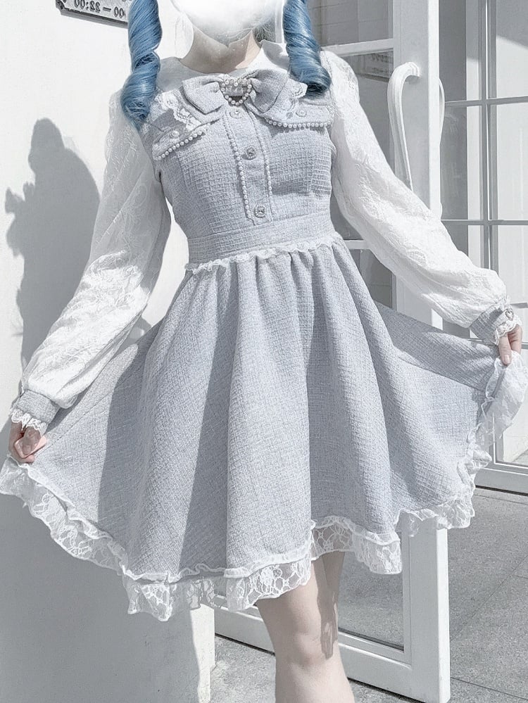 in Bow Blue: Kei Sleeves Elegant Jirai Beadwork Lace with Detachable Dress Long Tie Dusty Tweed