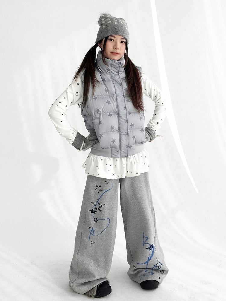 Trim Detachable Sleeves Wear Jacket Removable with Gray Plush Pattern Star Down Hood Multi-way
