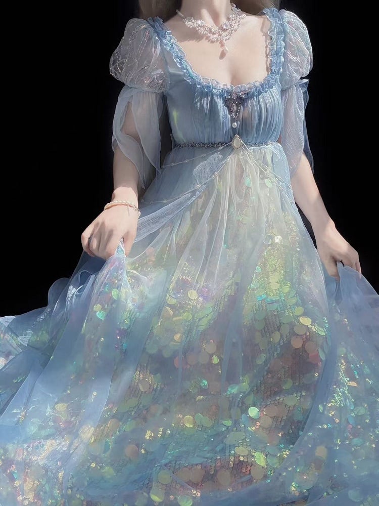 Mermaid-Inspired Sequined Sparkling Dress Empire Blue Waist Lolita