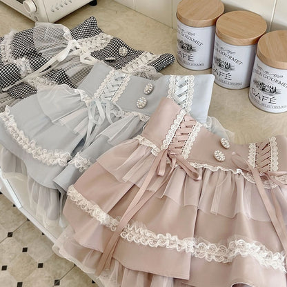 Rhinestone Design Tiered Embellishments Skirt Pink and Jirai High Lace-up Kei Front with Waist